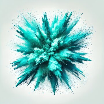 A vibrant blue powder explosion against a clean white background, showcasing dynamic movement and vivid color contrast