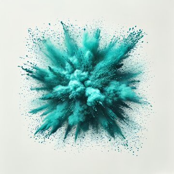 A vibrant blue powder explosion against a clean white background, showcasing dynamic movement and vivid color contrast