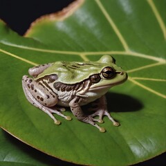 Obraz premium Small frog sitting on a big green jungle leaf