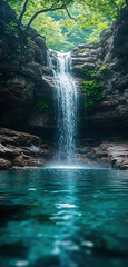Waterfall in the mountains with tropical forest.