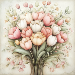 beautiful bouquet of pastel tulips in various shades, surrounded by delicate flowers and greenery, creating serene and cheerful atmosphere