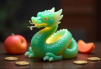 Fototapeta premium Jade Dragon Figurine: Illuminated Green Sculpture with Fruit and Coins
