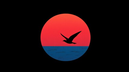 Silhouette of bird in flight against vibrant sunset over ocean horizon