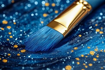 Fototapeta premium Artistic brush resting on vibrant blue and gold surface after creating an intricate design