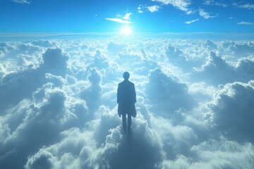 Fototapeta premium Person standing among fluffy clouds under a bright sky during daylight hours