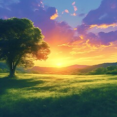 Fototapeta premium Breathtaking sunrise over tranquil meadow with a lone tree and vibrant sky