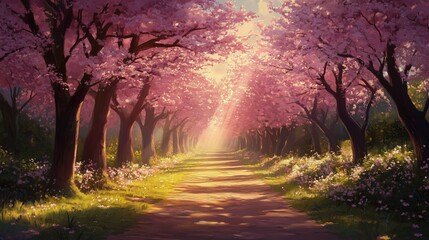 Path through a forest with sunlight filtering through blossoms - generated AI