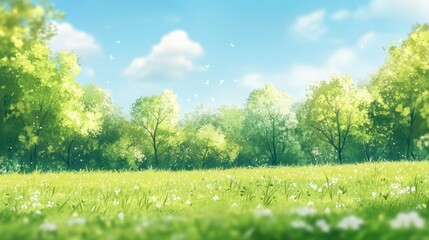 Obraz premium Serene Spring Meadow Landscape with Lush Trees