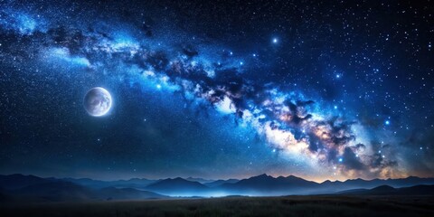 Fototapeta premium A serene and majestic view of a moonlit landscape with a vast expanse of stars and galaxies, set against a deep blue-black night sky , dark sky, moonlight