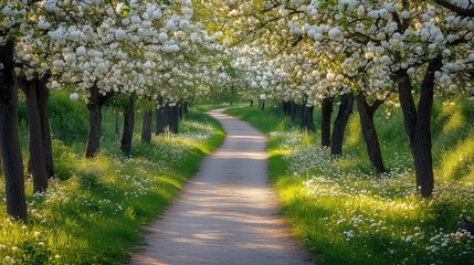 Naklejka premium Path through a forest with trees in full spring bloom - generated AI