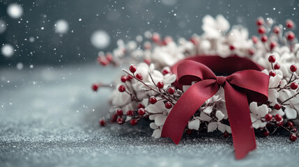 Snow-covered wreath with white flowers and red ribbon glowing softly in the winter light: Snowy Valentines Day Aesthetics