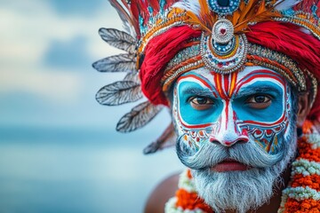 Fototapeta premium Traditional performer with vibrant face paint and ornate headdress at a cultural festival near the coast during sunset