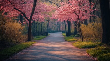 Naklejka premium Path through a park with trees blooming on either side - generated AI