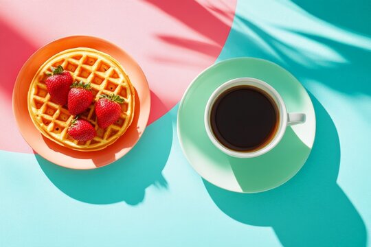 Enjoying a colorful breakfast with waffles and coffee on a sunny morning