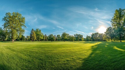 Obraz premium Sunny Green Golf Course Landscape with Lush Grass