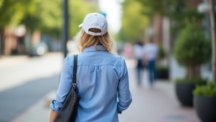 Obraz premium Woman wearing a blue pajama and white hat walks down a street