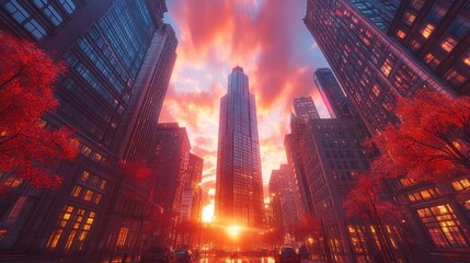 Fototapeta premium City Sunrise, Urban Skyline, Dramatic Sunset, Skyscrapers, Illuminated Buildings, Autumn Trees, Street View
