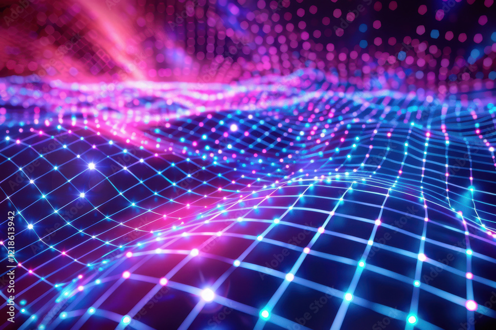 Wall mural close up horizontal abstract illustration of a glowing cybernetic virtual background with a complex 