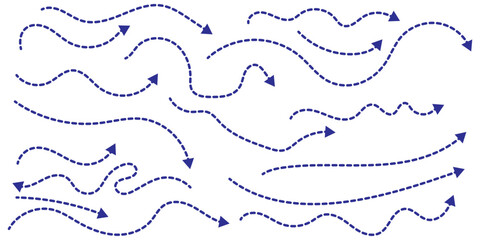 Set of hand drawn thin dash line arrows. Collection of curved pointers. Blue dot vector pointers pointing in different directions. Simple design elements of signpost showing confusing complex path. 