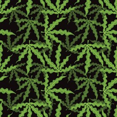 A seamless green leaves pattern. On black background. Stylish natural seamless print design for fabric, wallpaper or wrapping paper.
