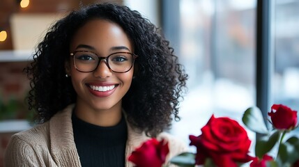 Successful businesswoman smiling warmly with roses in her minimalist office