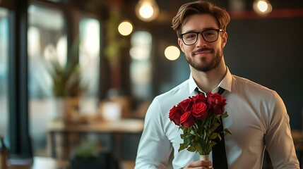 Successful entrepreneur holding a bouquet of roses in a sophisticated office setting