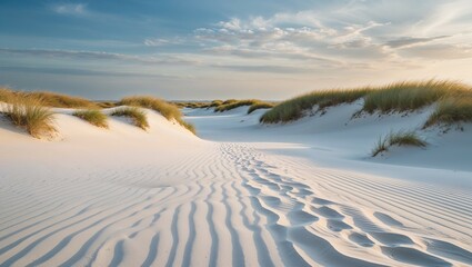Morning sand dunes on a cold beach, where white sand meets a blue winter sky