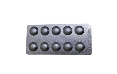 Pharmaceutical blister packaging with 10 pills inside isolated on clear background, Aluminum blister pack for pharmaceuticals tablets or capsule 
