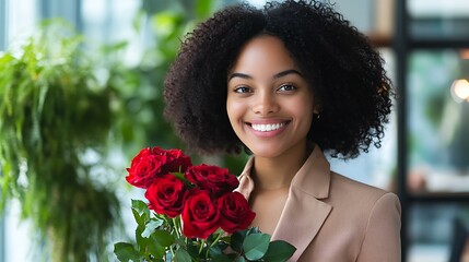 Young professional woman holding roses in her office with a joyful expression