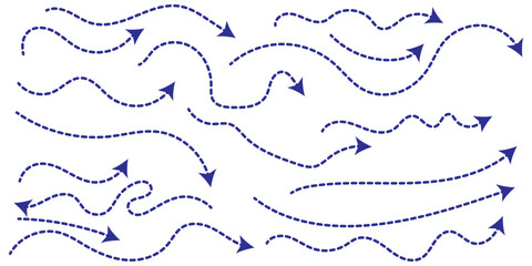 Set of hand drawn thin dash line arrows. Collection of curved pointers. Blue dot vector pointers pointing in different directions. Simple design elements of signpost showing confusing complex path. 