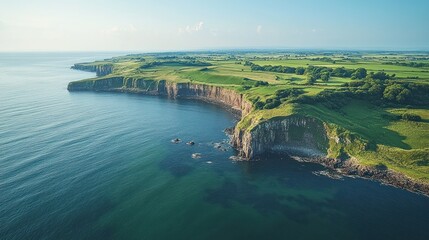 Coastal Cliffs, Drone View, Irish Coastline, Lush Green Fields