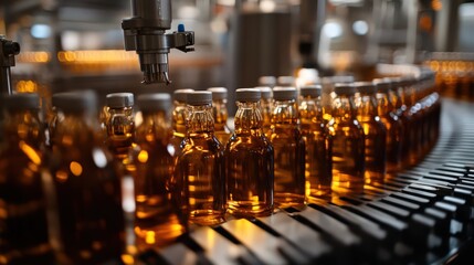 Workers in a bottling factory using automated tools to ensure precision and safety during production.