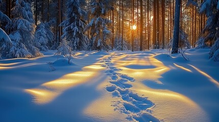 Snow-covered forest trail with footprints leading through the trees generated AI