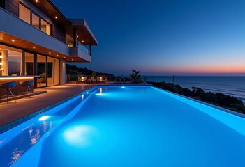 Fototapeta premium Opulent Sunken Bar: Electric blue dusk over beachview pool; conveying luxury, relaxation, and tranquil vacation at a high-end resort, ideal for travel advertisements and destination promotions.