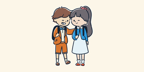 入学式にランドセルを背負って微笑み合う仲のいい男の子と女の子の友達のシンプルでかわいいイラスト