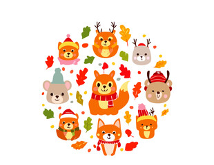 Obraz premium Cute Woodland Animals in Autumn Attire