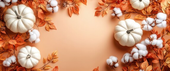 Elegant Autumn Arrangement with White Pumpkins, Cotton Bolls, and Orange Leaves Against a Warm Beige Background for Seasonal Decor and Celebrations