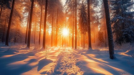 Snow-covered forest with tall trees and a clear sky generated AI