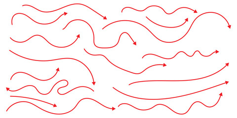 Simple Hand-Drawn Arrow Set Red Vector. Hand drawn thin line arrows set. Many vector curvy and wavy arrows isolated on white background. Isolated vector arrows, hand drawn 