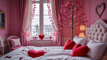 A luxury bedroom interior features a comfortable bed with pillows, soft light from a window, and stylish decor