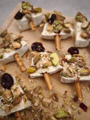 Holiday appetizer with creamy camembert, crunchy pistachios, sesame seeds, dried cranberries atop golden breadsticks. Ideal for parties, buffets, and stylish aperitifs