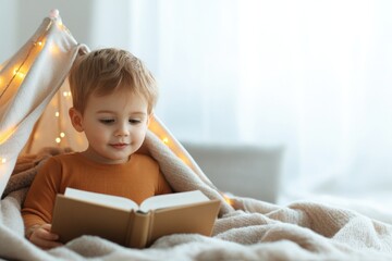 Cozy child reading book inside tent with warm lights creating ma