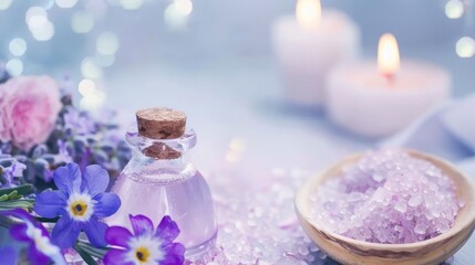 Obraz na płótnie Canvas Purple Flowers And Bath Salts With Candles Glowing