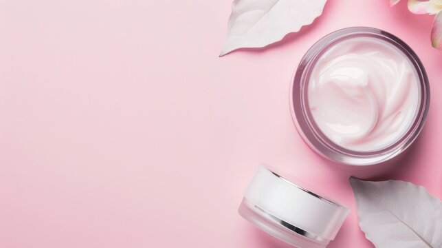 Open Jar Of Face Cream With White Leaves Decoration.