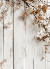 Fototapeta premium Elegant Composition of Dry Flowers and Twigs Against a White Wooden Background, Showcasing Natural Beauty and Rustic Charm in Interior Design Aesthetics