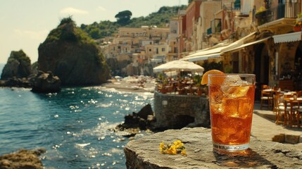 Coastal Italian Aperol Spritz overlooking beach town