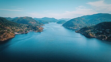 Obraz premium Coastal Fjord Aerial View, Homes & Mountains