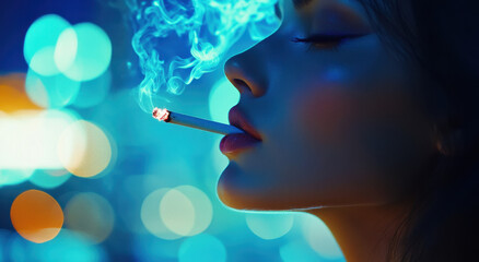 A woman exhales cigarette smoke in a dimly lit atmosphere, illuminated by vibrant blue and orange bokeh. The scene captures a moment of calm contemplation in nightlife.