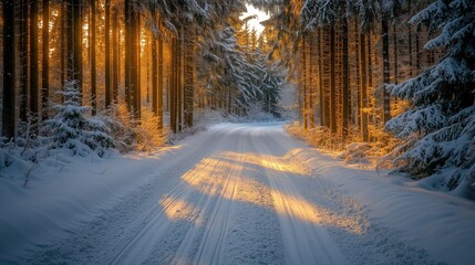Snow-covered road through the woods with tall pine trees generated AI