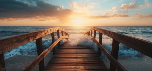 Obraz premium Sunset Waves Crashing on Wooden Pier